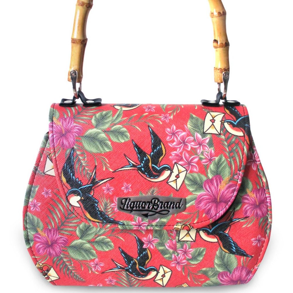 liquorbrand bamboo handle red tropical print purse